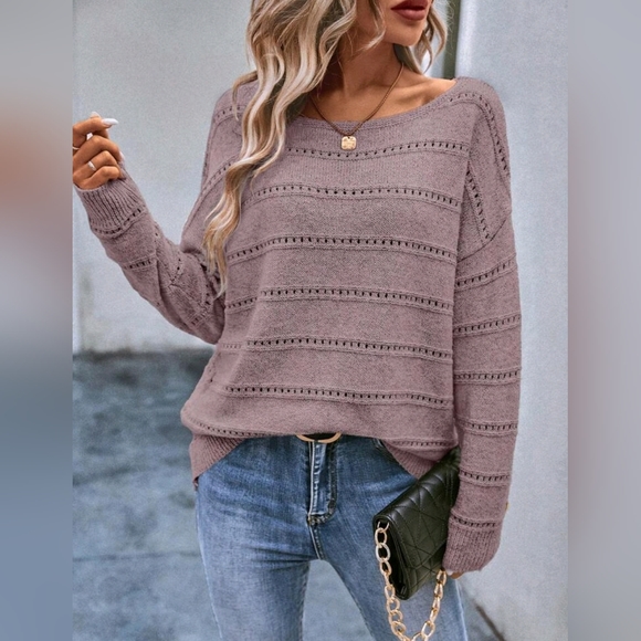 New Chic Open Knit Stripe Top Sweater Dusty Pink - Picture 5 of 9